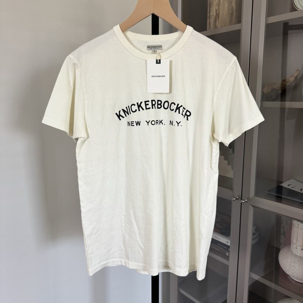 Knickerbocker Logo Short Sleeve Crewneck Ivory Cotton T-Shirt Small NEW Tee